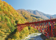 黒部峡谷のトロッコ電車と新山彦橋